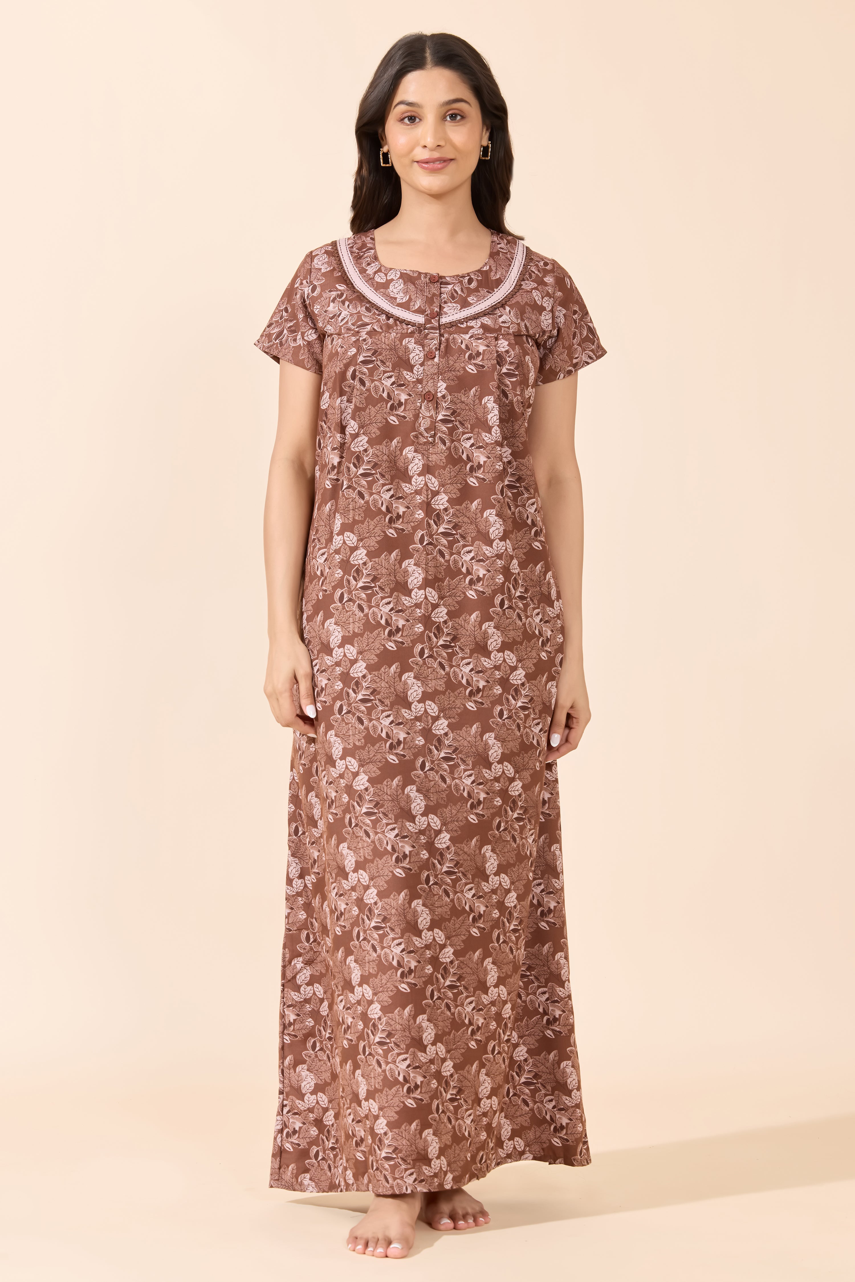 Brown Foliage Print Cotton Nighty with Lace