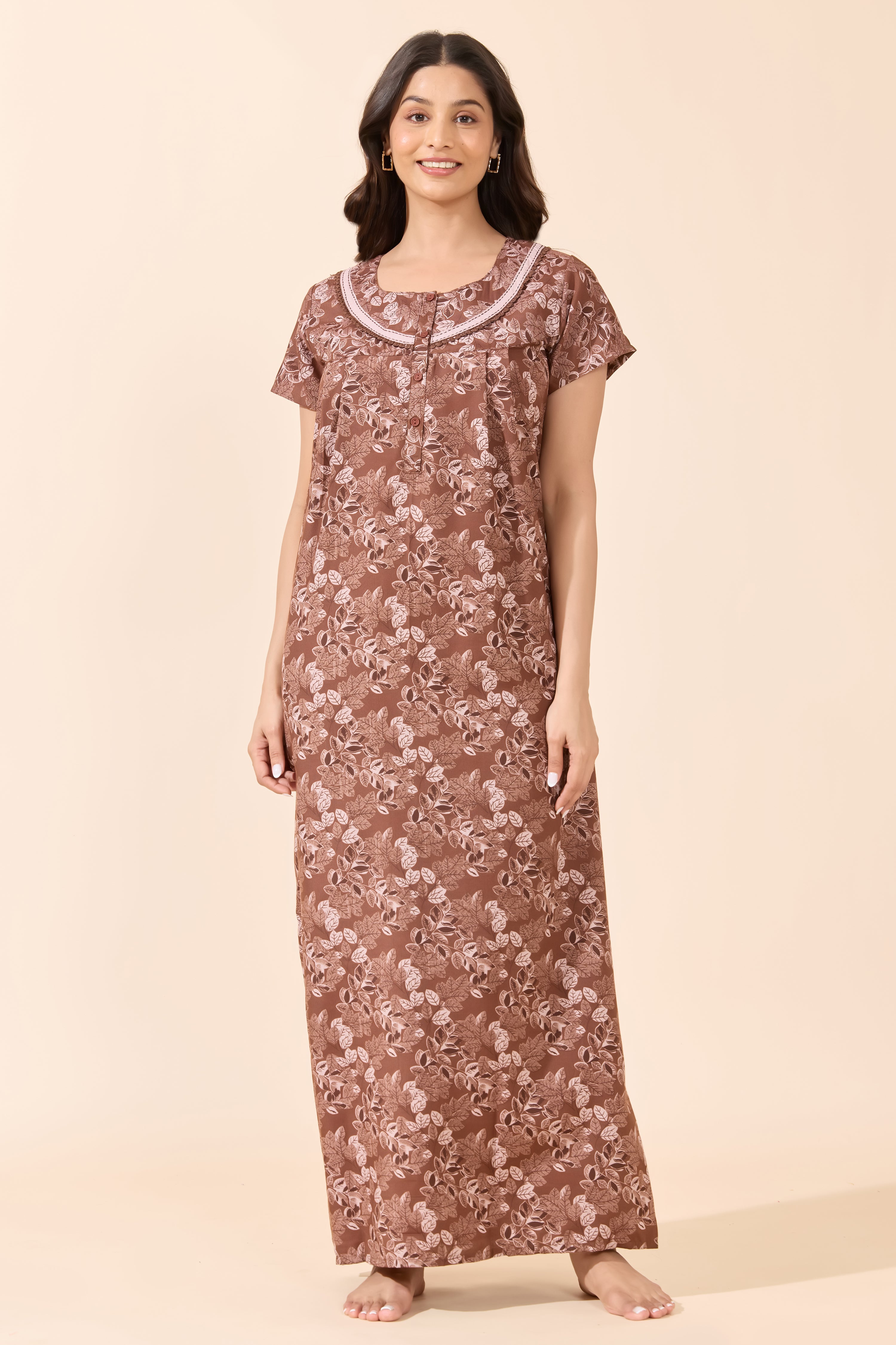 Brown Foliage Print Cotton Nighty with Lace