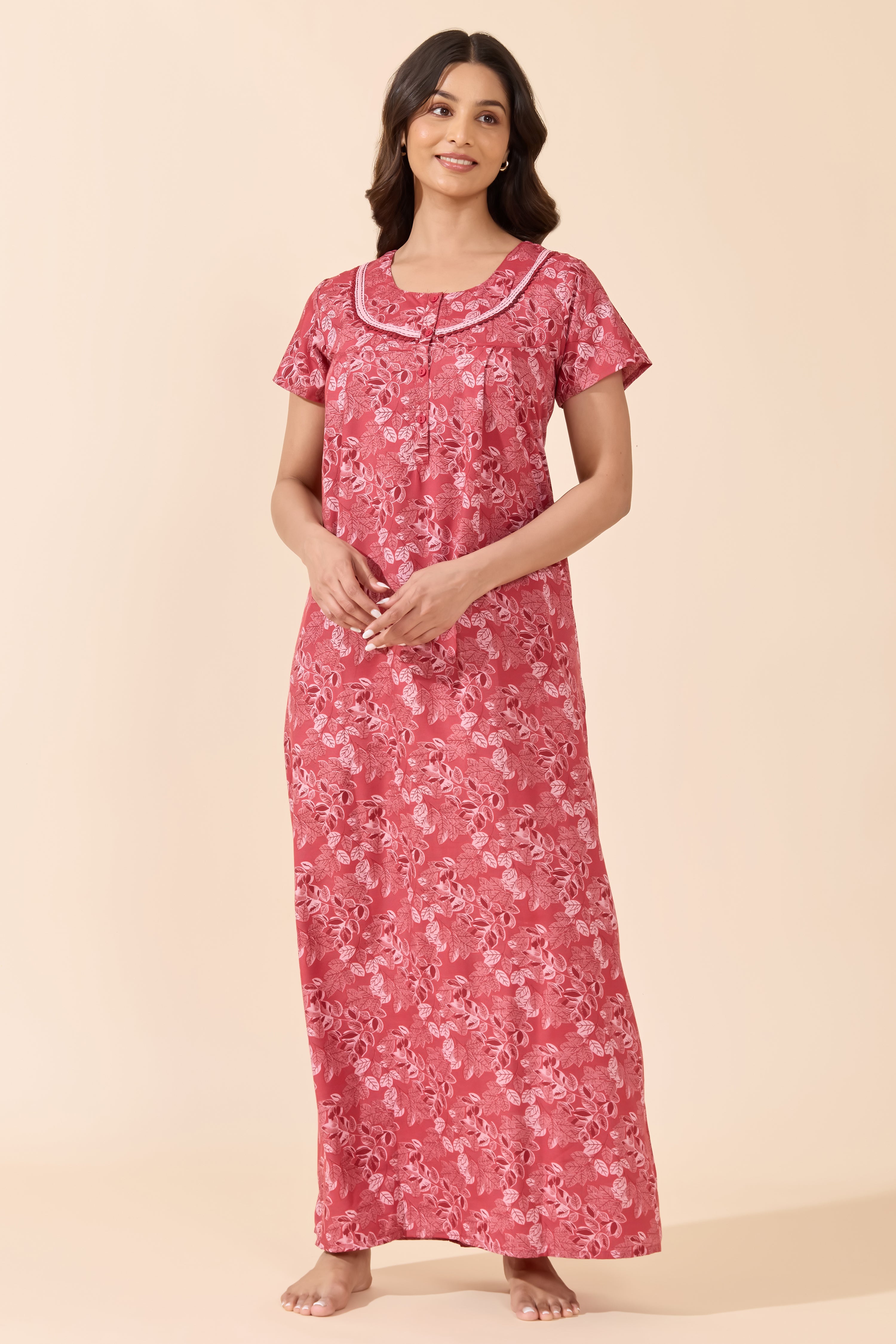 Red Foliage Print Cotton Nighty with Lace