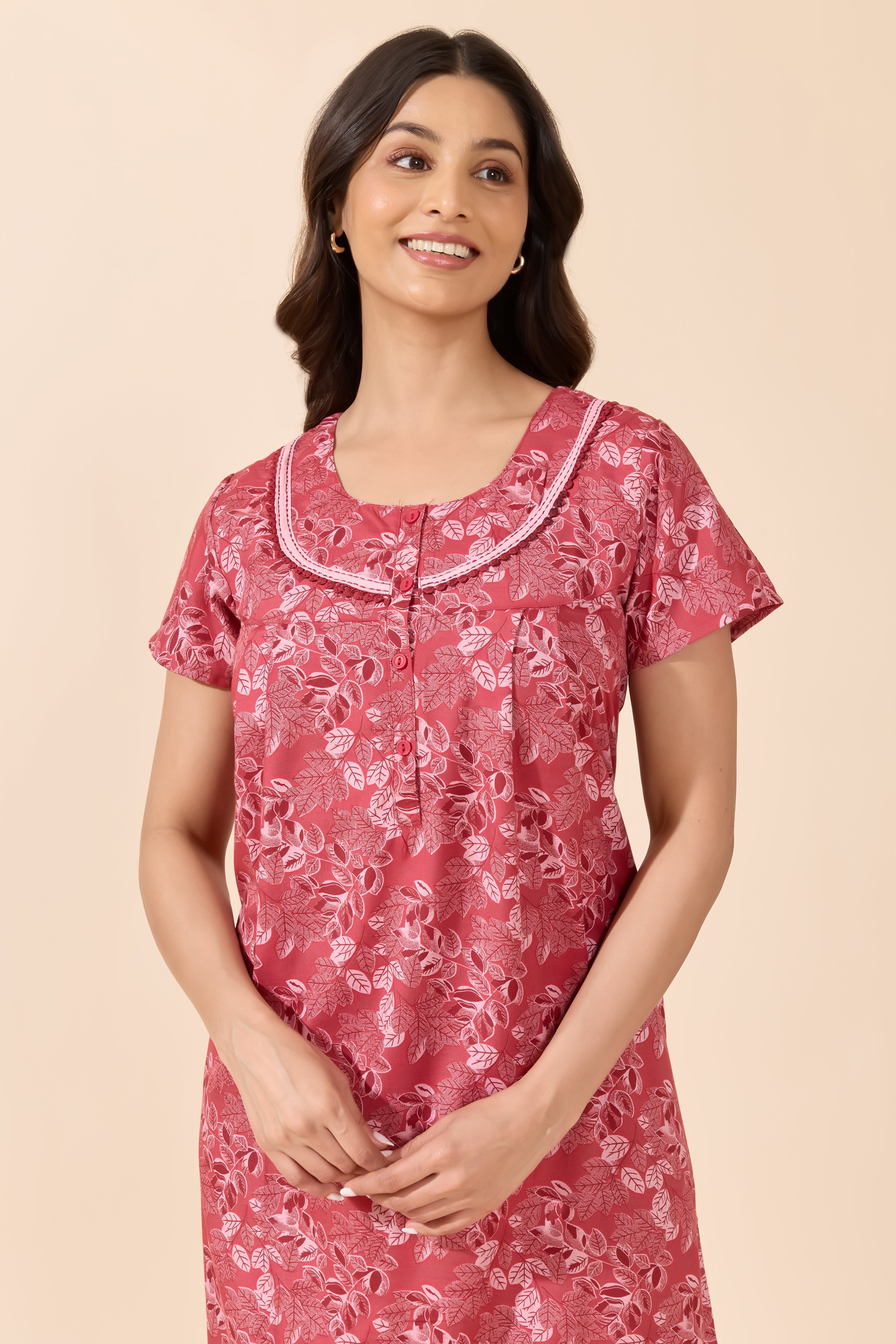 Red Foliage Print Cotton Nighty with Lace