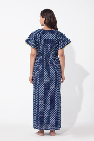 Indigo Printed Blue Nighty with Front Tie-up