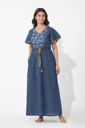 Indigo Printed Blue Nighty with Front Tie-up
