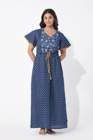 Indigo Printed Blue Nighty with Front Tie-up