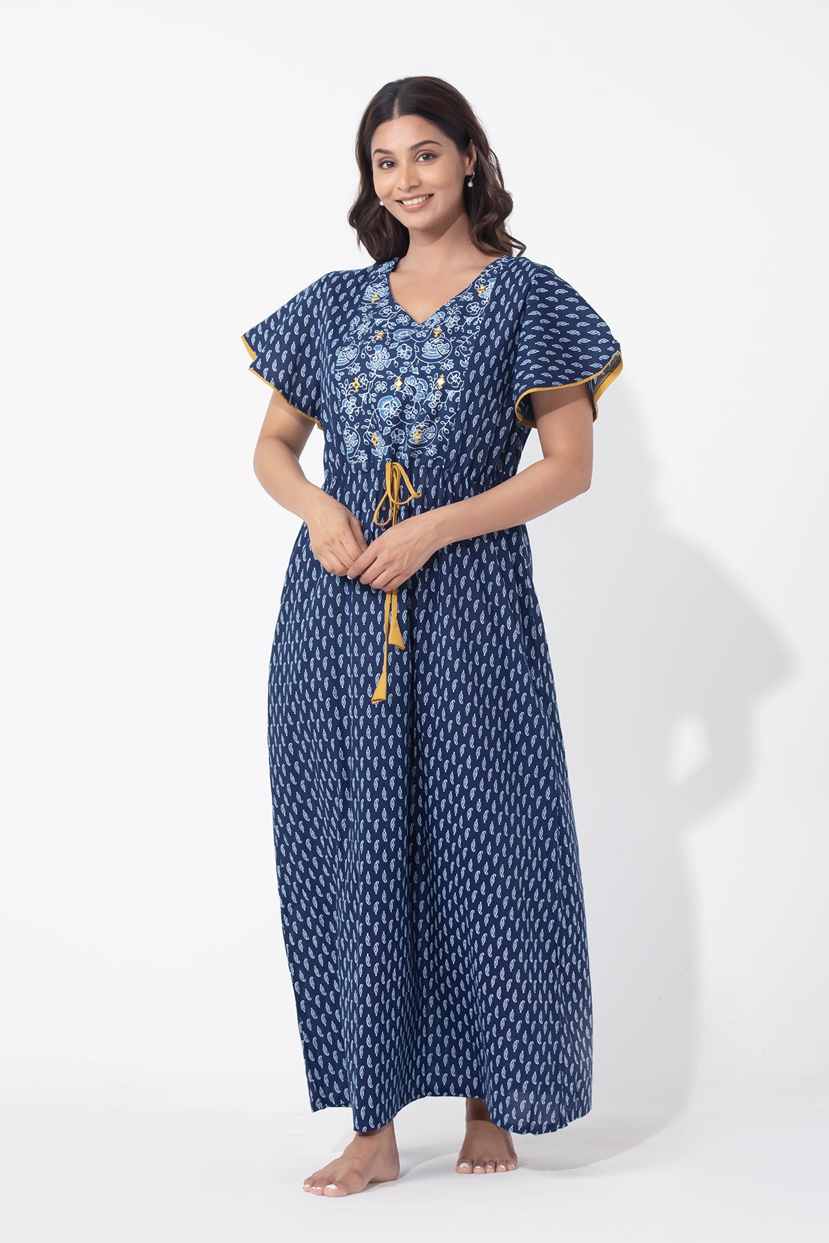 Indigo Printed Blue Nighty with Front Tie-up