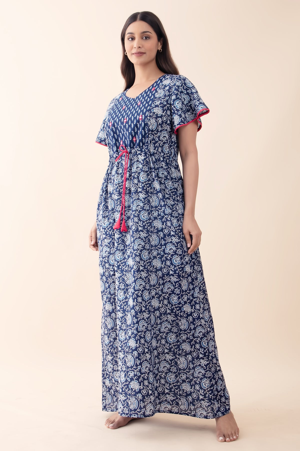 Indigo Printed Blue Nighty with Front Tie-up
