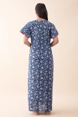 Indigo Printed Blue Nighty with Front Tie-up