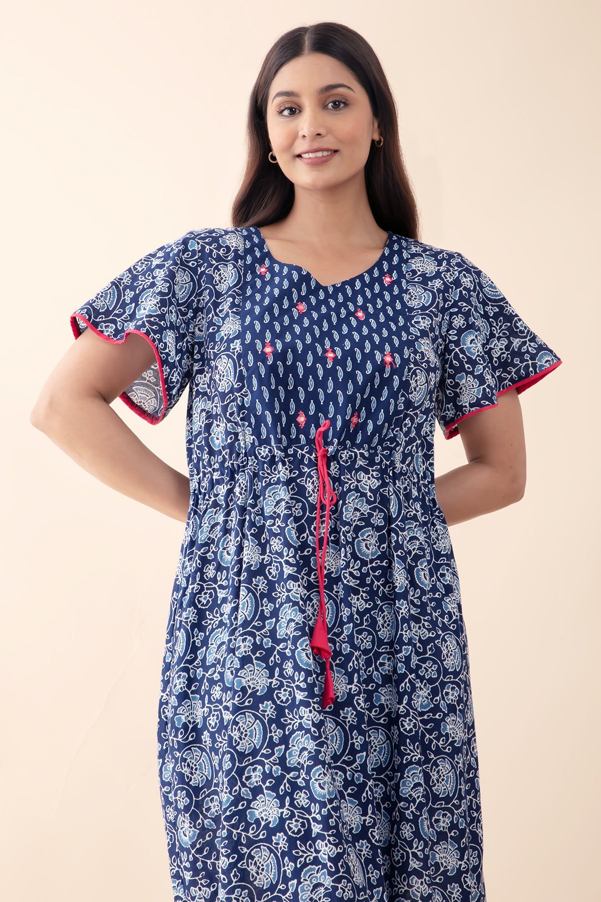 Indigo Printed Blue Nighty with Front Tie-up