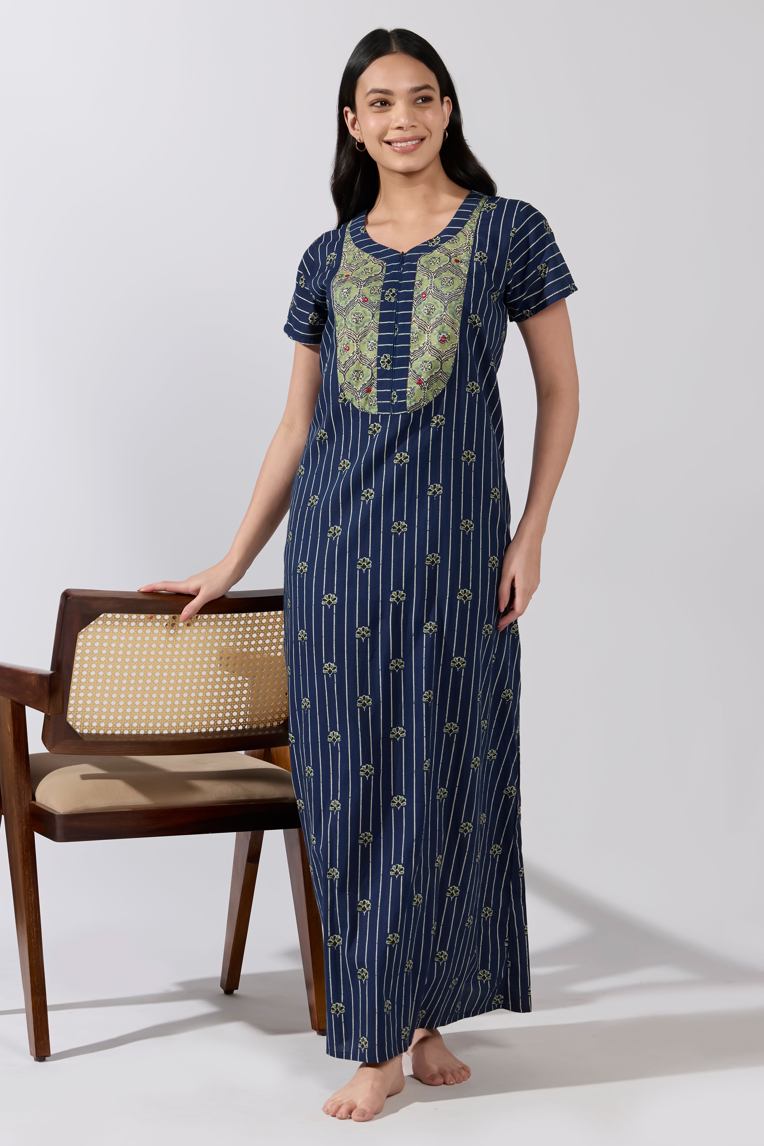 Navy Striped Buta Cotton Nightwear