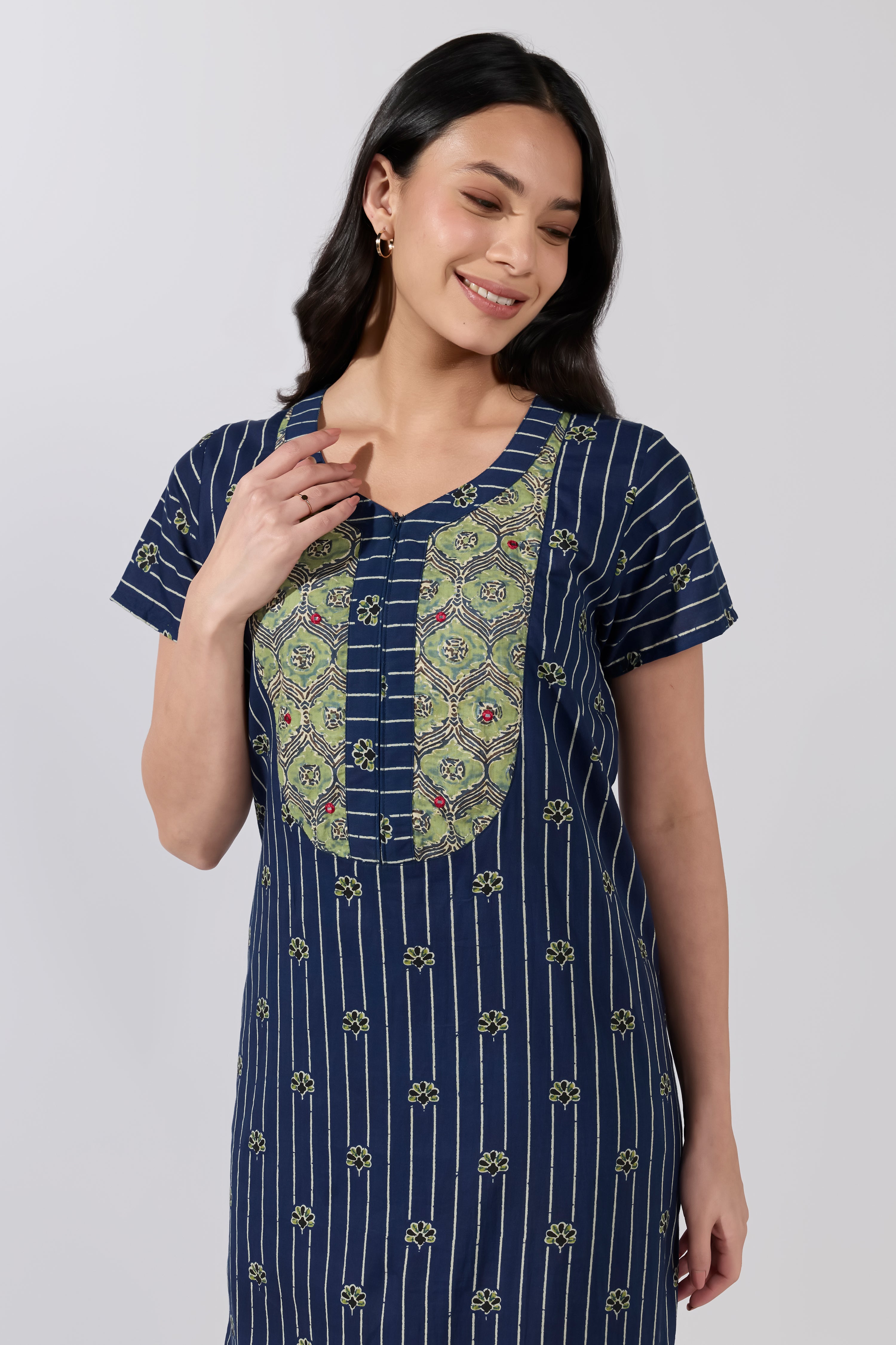 Navy Striped Buta Cotton Nightwear