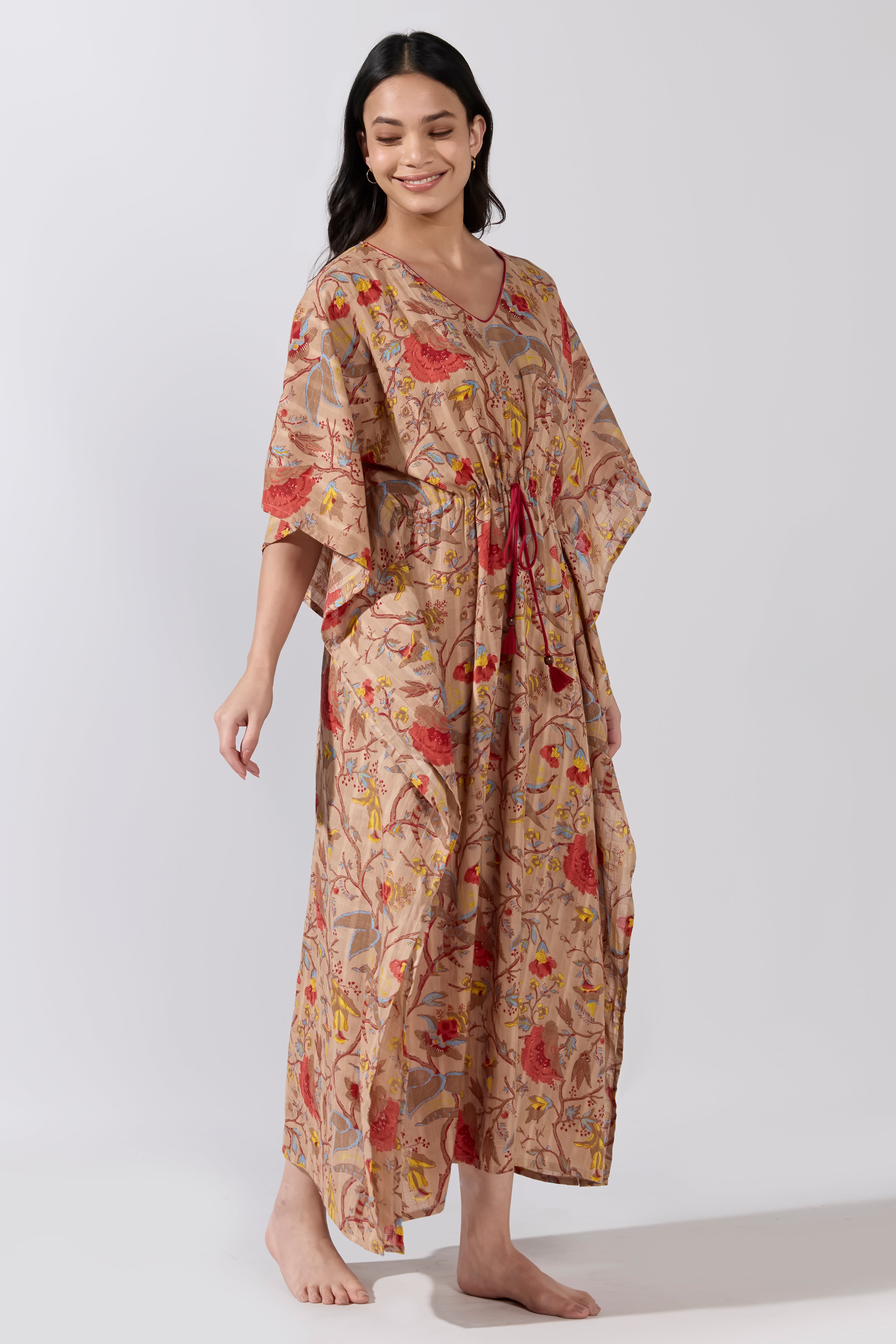 Brown Floral Cotton Kaftan Nightwear