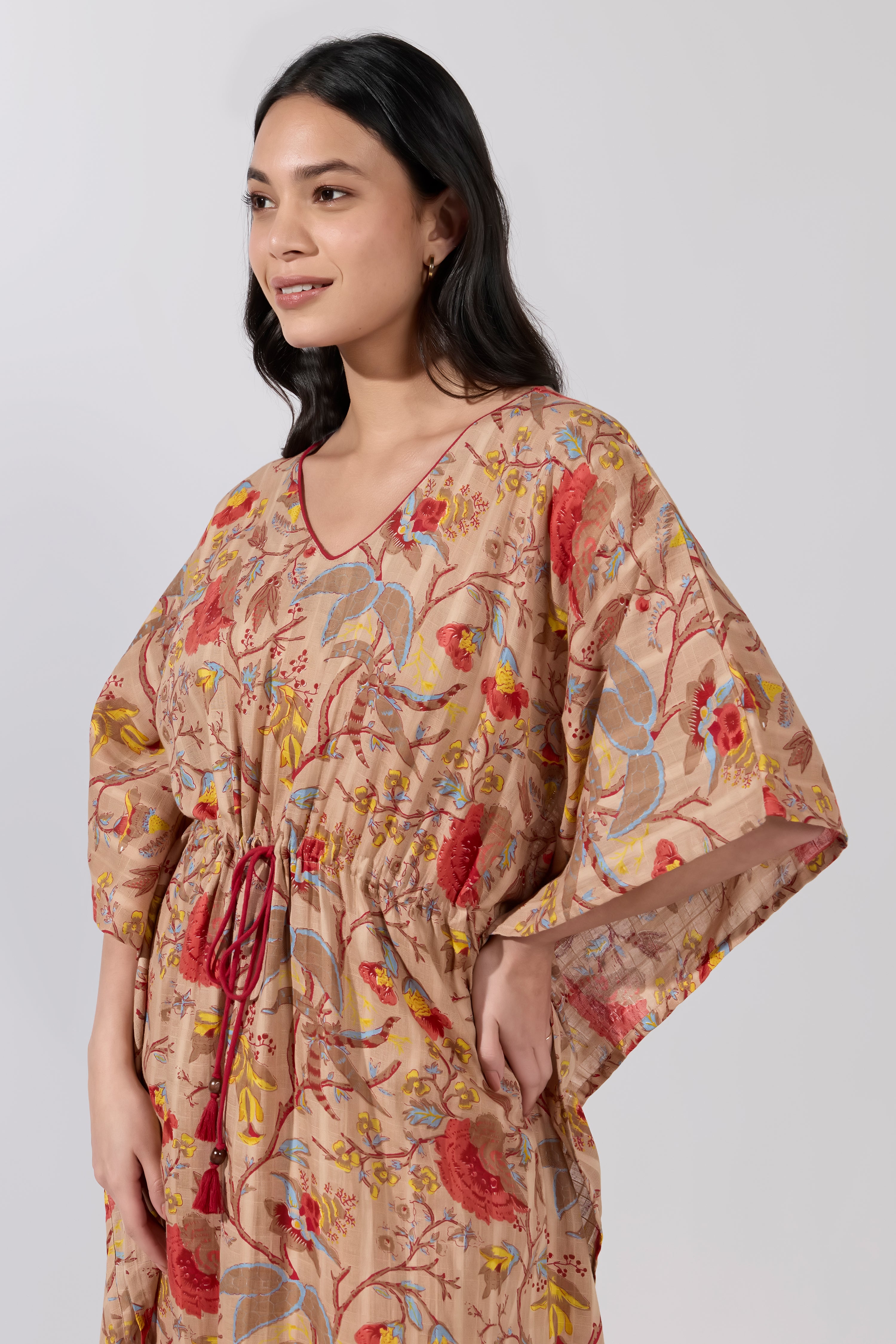 Brown Floral Cotton Kaftan Nightwear