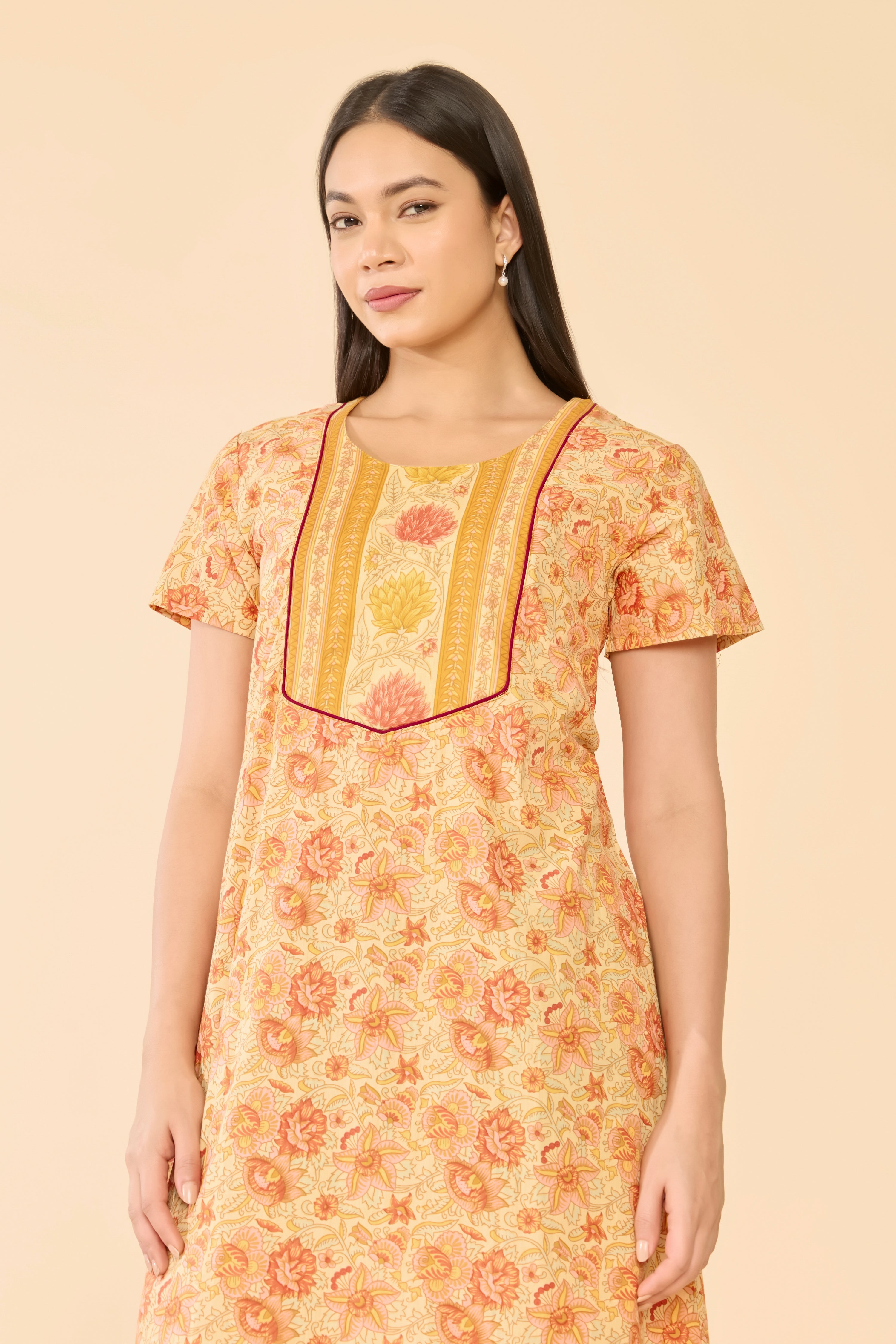 Mustard Floral Printed Cotton Nightwear
