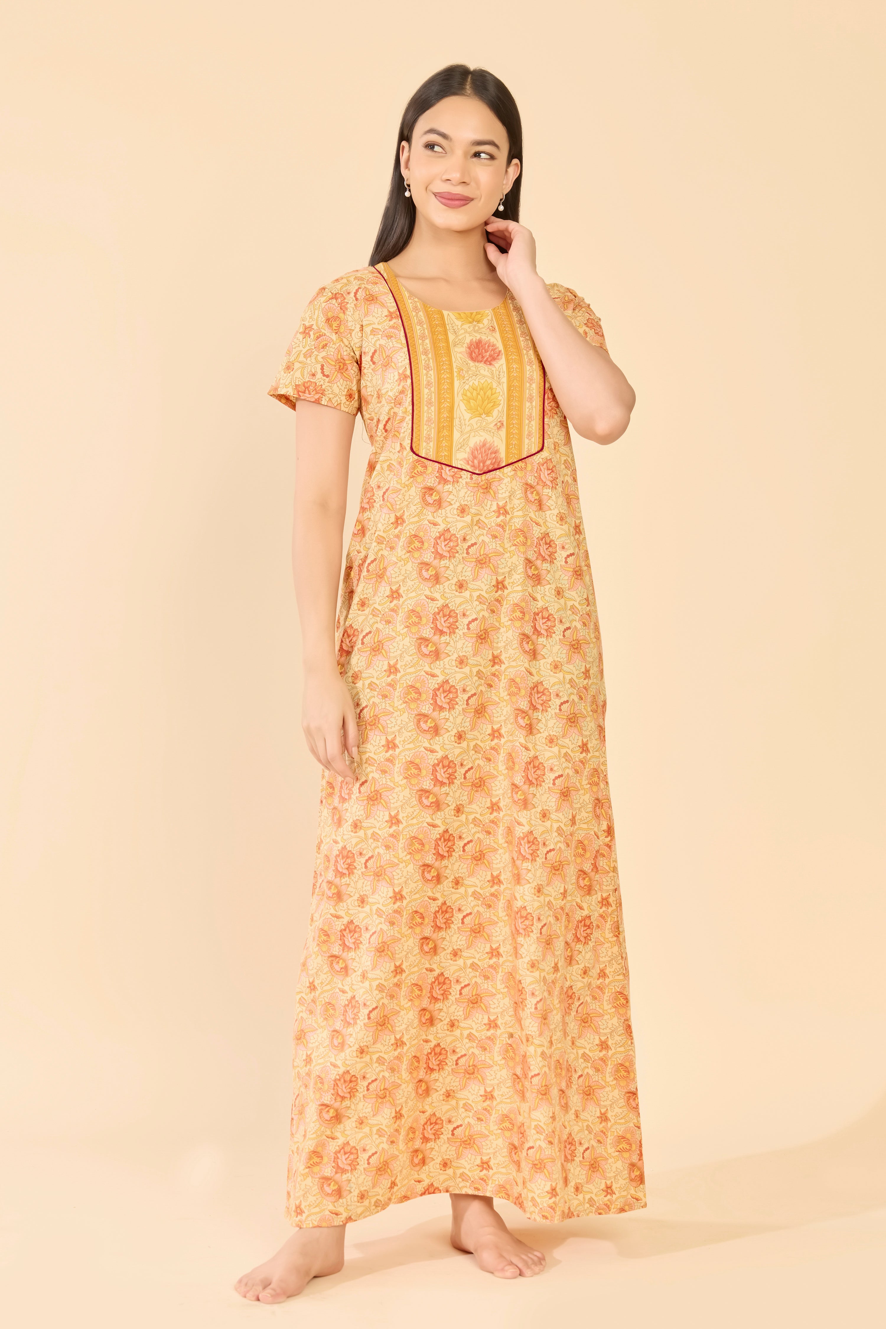 Mustard Floral Printed Cotton Nightwear
