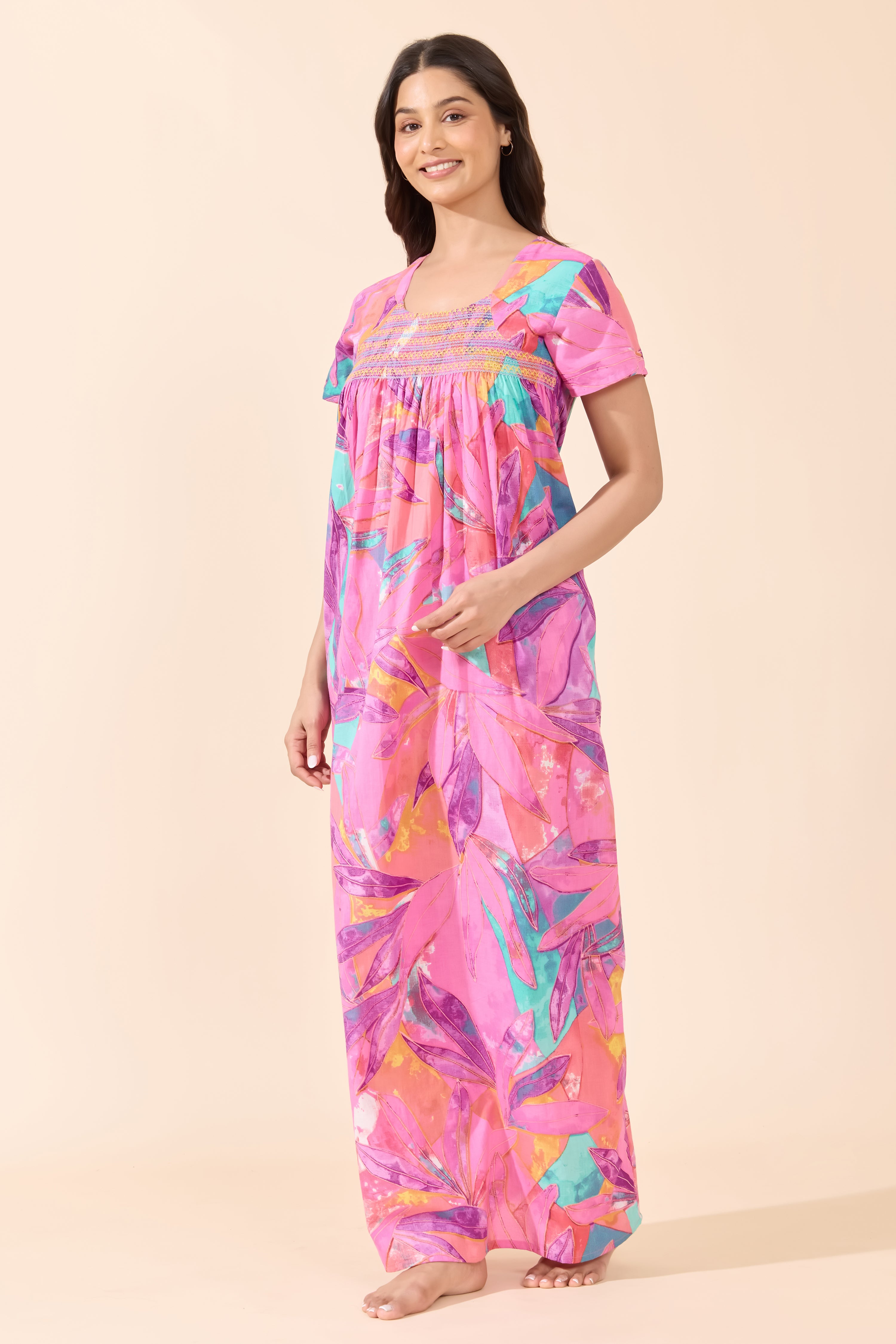 PINK ABSTRACT SMOCKED NIGHTWEAR