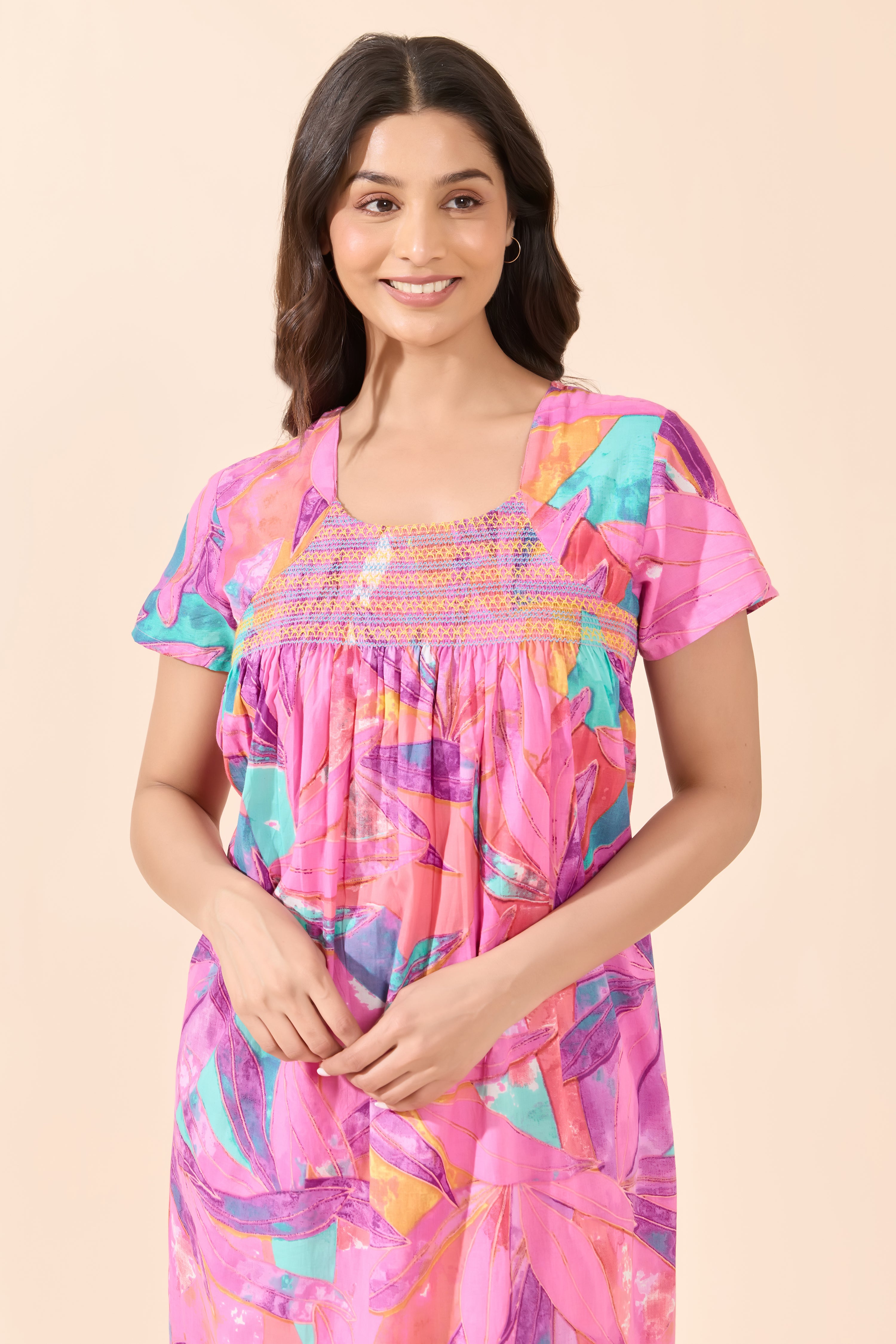 PINK ABSTRACT SMOCKED NIGHTWEAR