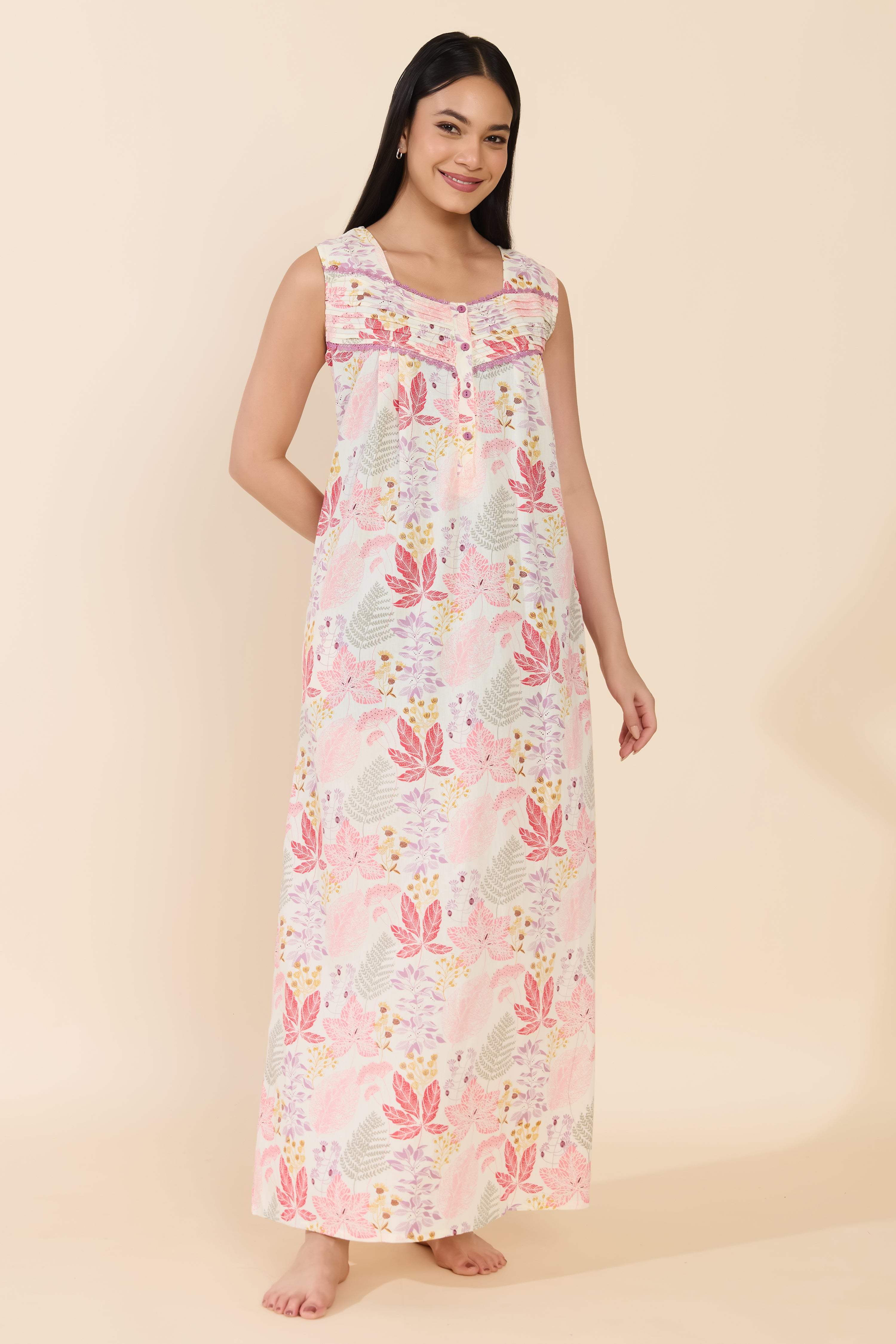 PINK TROPICAL LEAF PRINTED COTTON NIGHTWEAR