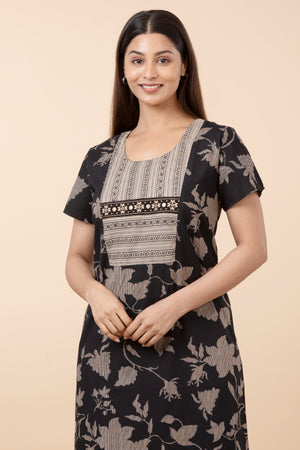 Floral Printed Nightwear with Embroidered Foil Mirror Yoke - Black