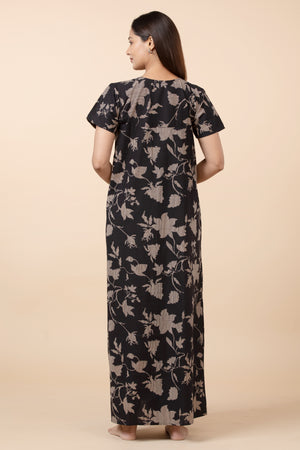 Floral Printed Nightwear with Embroidered Foil Mirror Yoke - Black