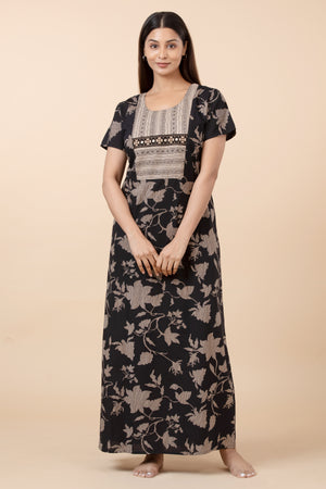 Floral Printed Nightwear with Embroidered Foil Mirror Yoke - Black