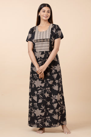 Floral Printed Nightwear with Embroidered Foil Mirror Yoke - Black