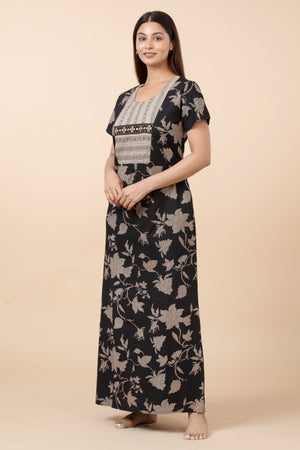 Floral Printed Nightwear with Embroidered Foil Mirror Yoke - Black