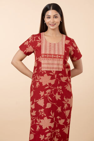 Floral Printed Cotton Nighty - Rust