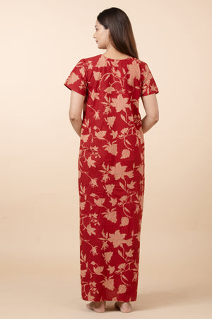 Floral Printed Cotton Nighty - Rust