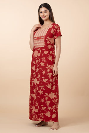Floral Printed Cotton Nighty - Rust