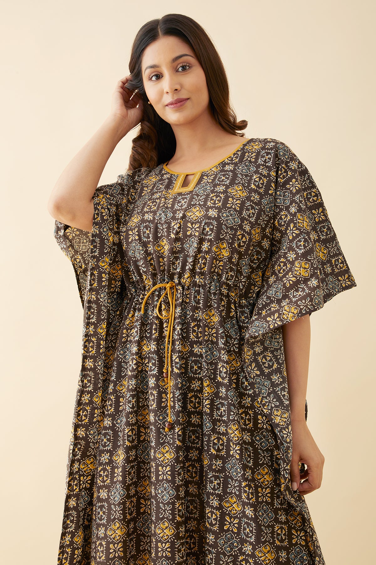 Block Printed Waist Tie-Up Kaftan - Brown