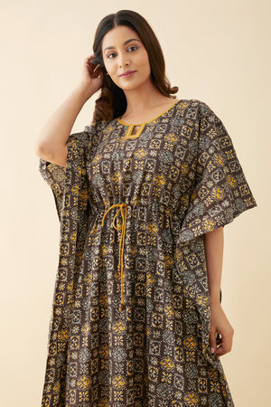 Block Printed Waist Tie-Up Kaftan - Brown