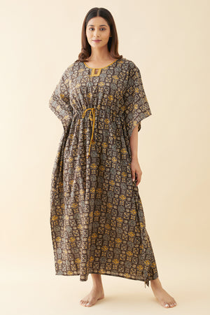 Block Printed Waist Tie-Up Kaftan - Brown