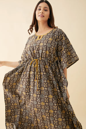Block Printed Waist Tie-Up Kaftan - Brown