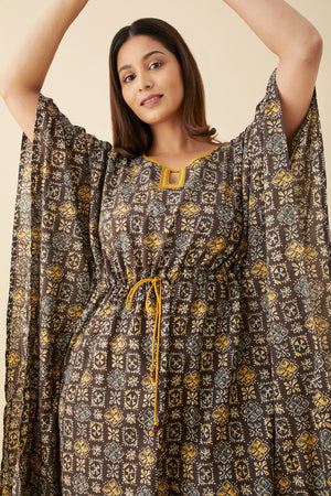 Block Printed Waist Tie-Up Kaftan - Brown