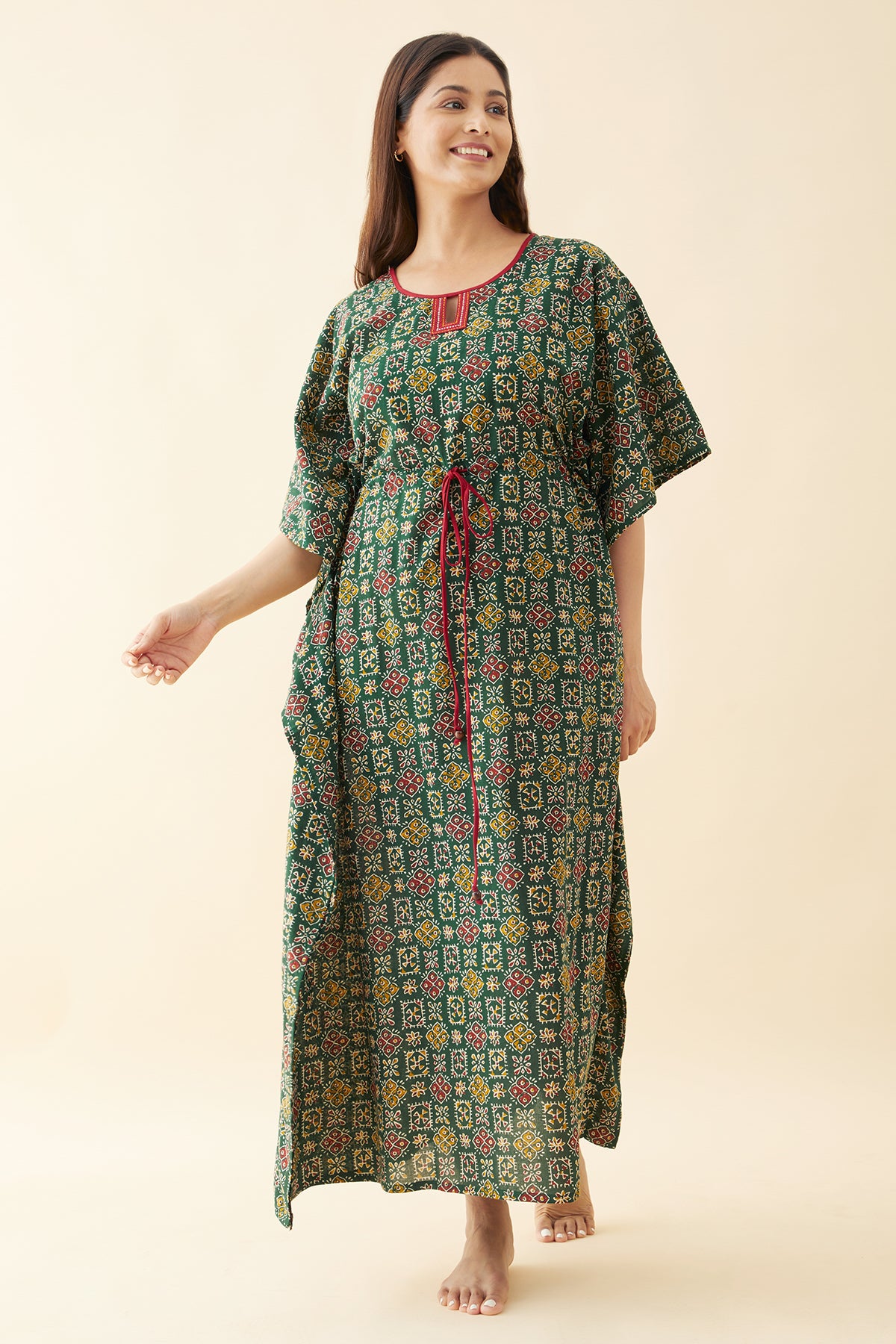 Block Printed Waist Tie-Up Kaftan - Green