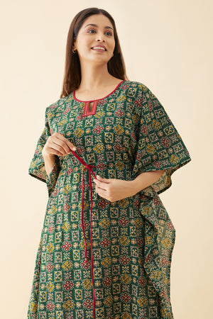 Block Printed Waist Tie-Up Kaftan - Green