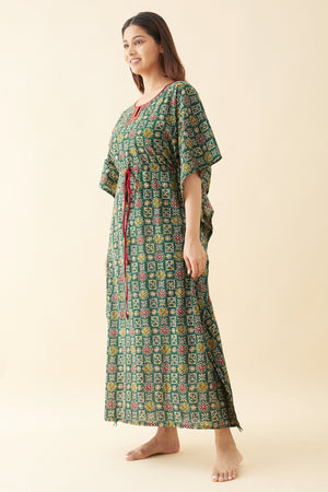 Block Printed Waist Tie-Up Kaftan - Green