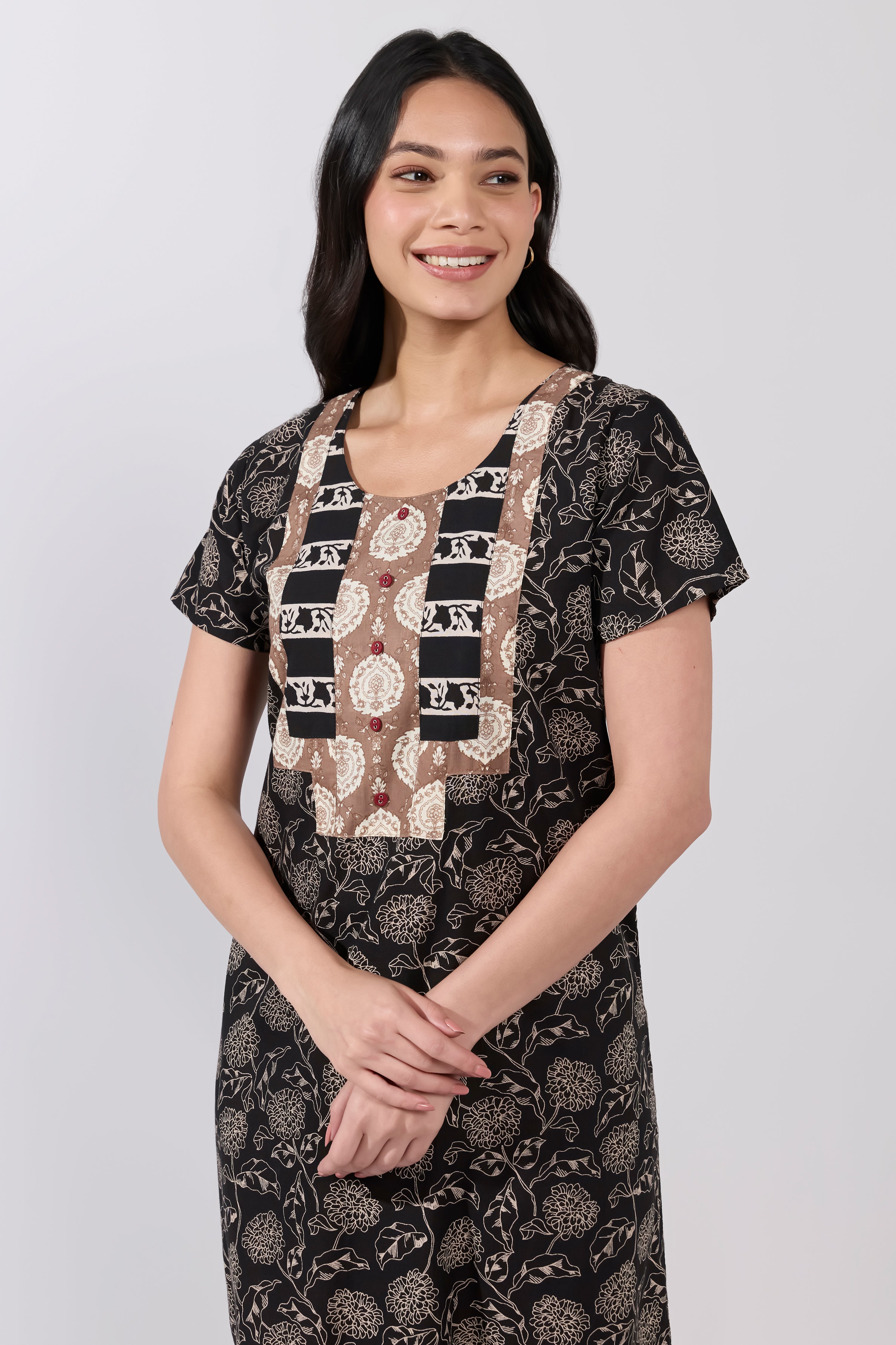 Black Floral Cotton Nighty with Damask Applique Yoke