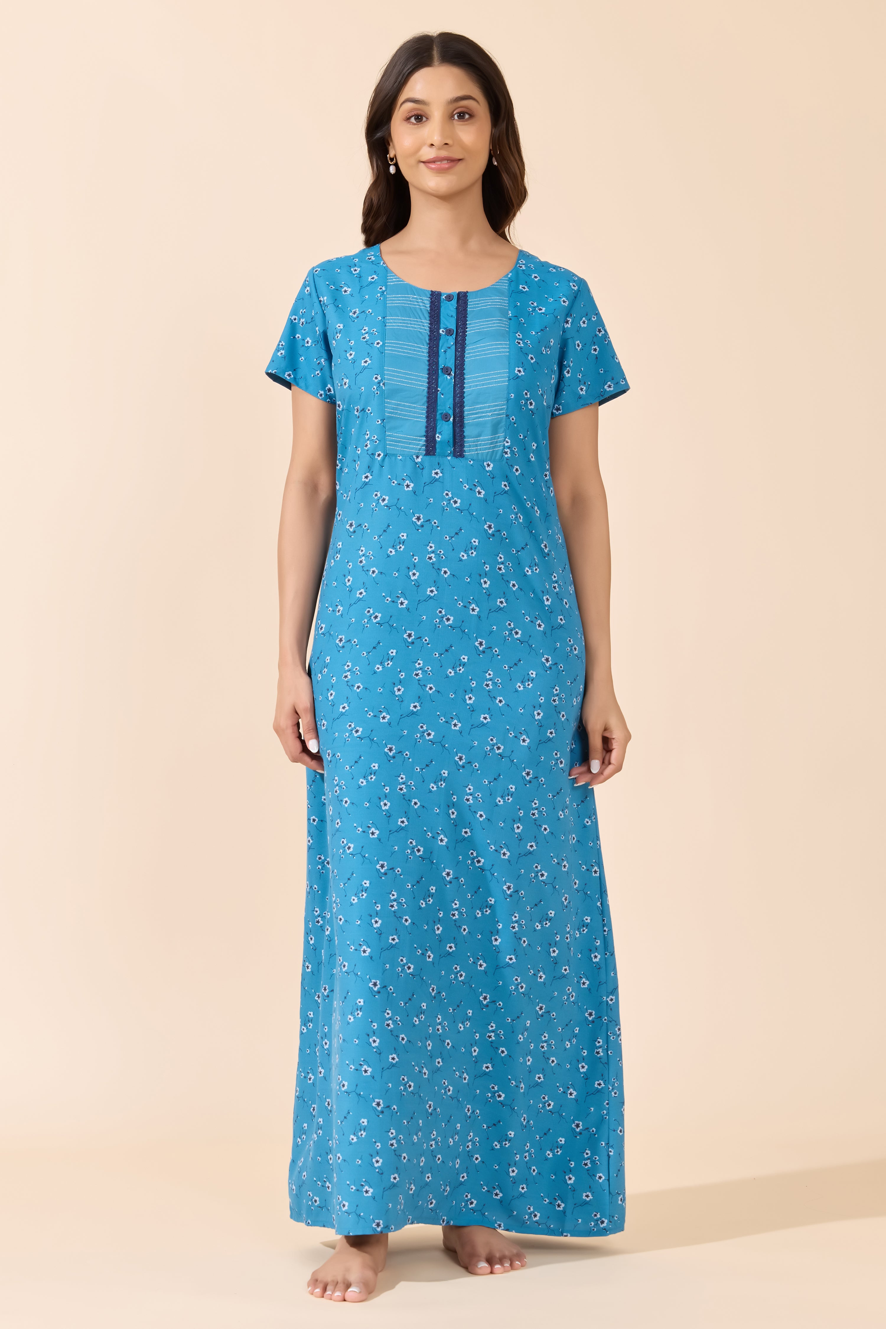 Blue Floral Printed Cotton Nightwear