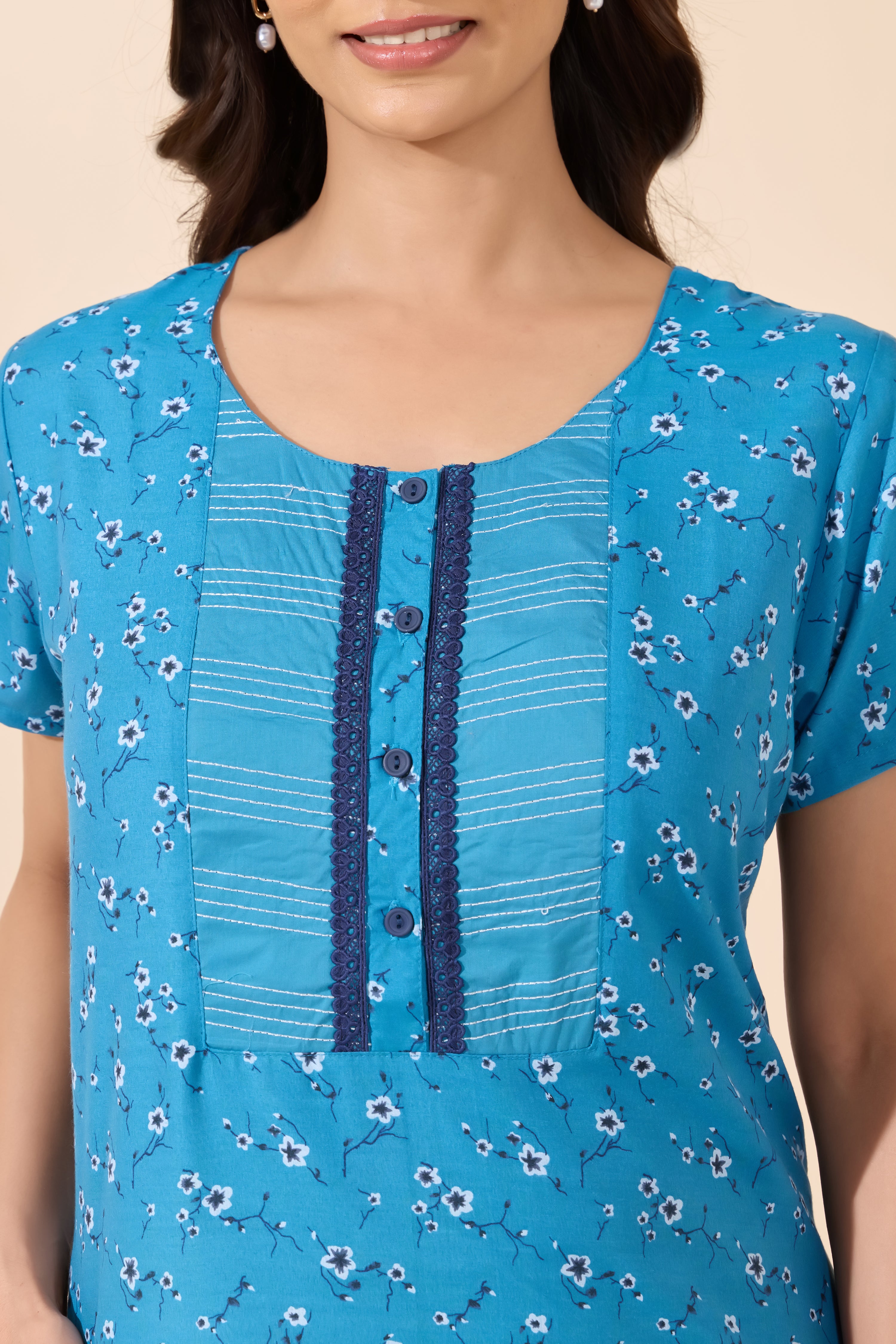 Blue Floral Printed Cotton Nightwear