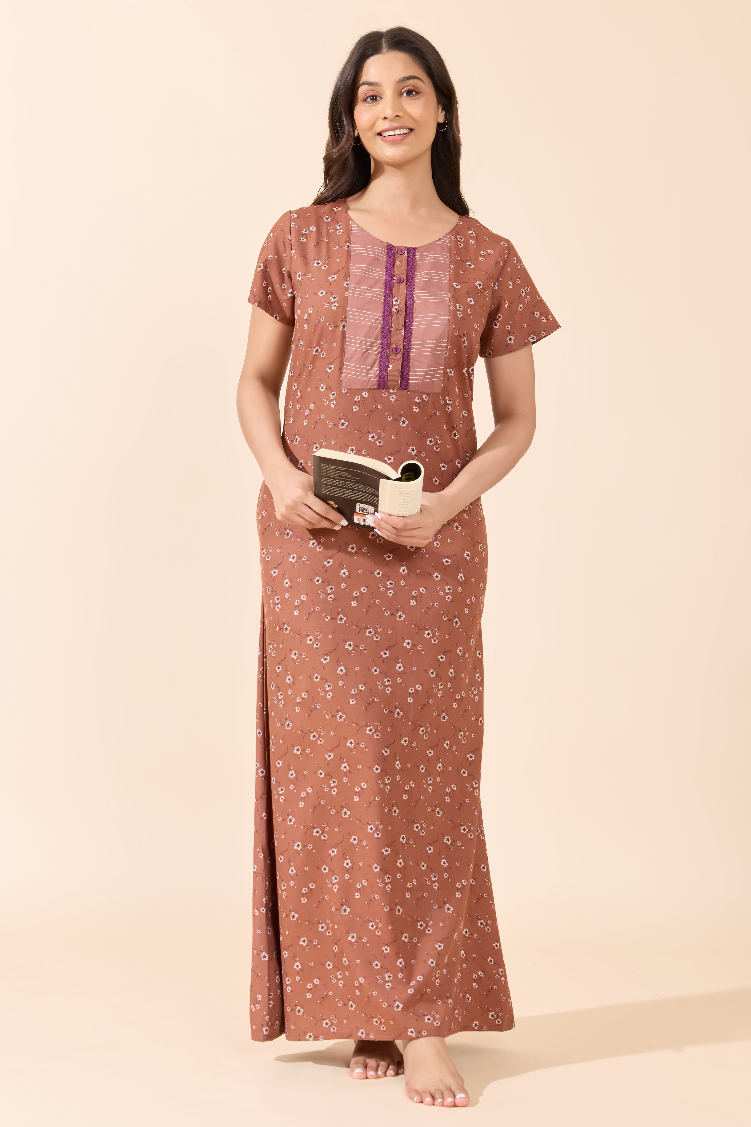 Brown Floral Printed Cotton Nightwear