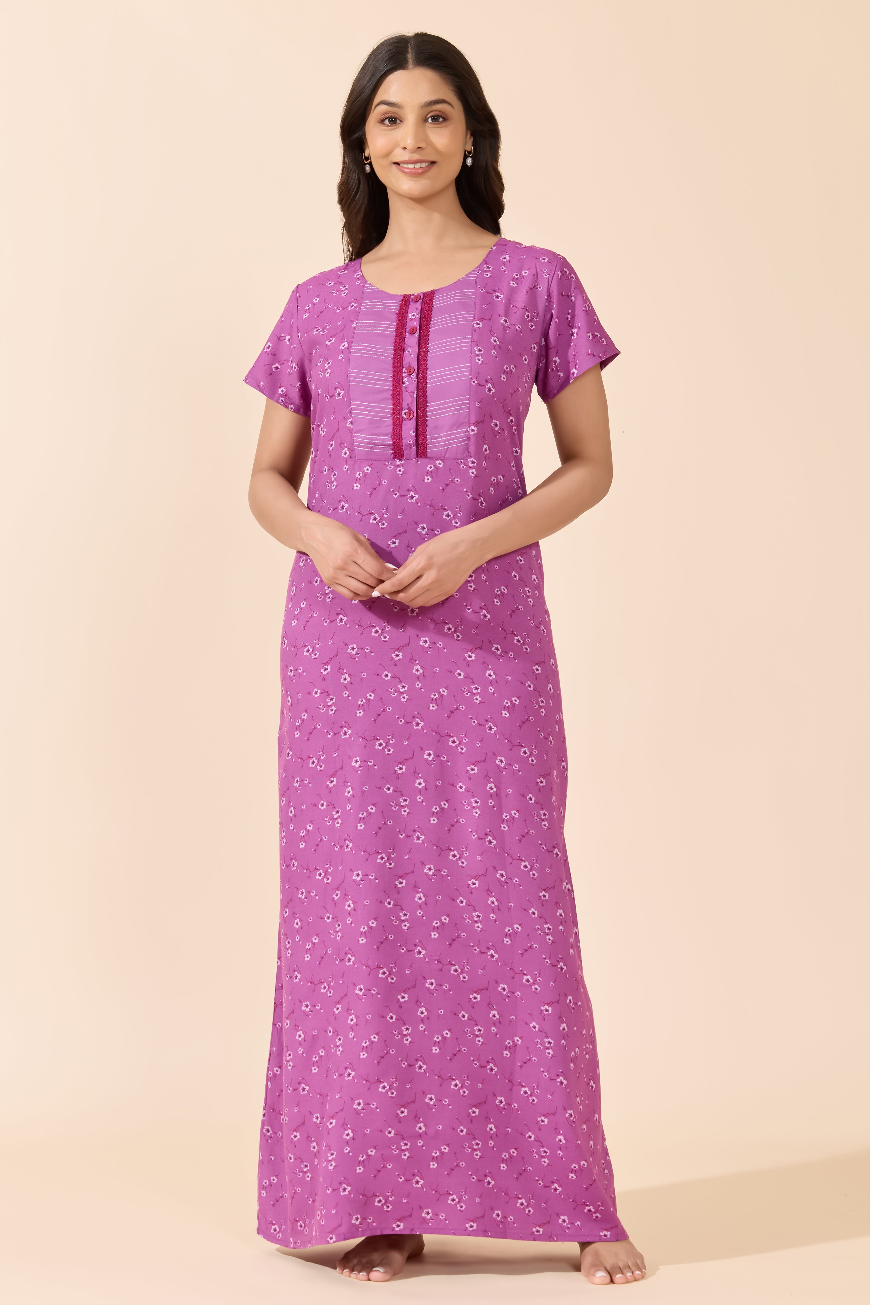 Purple Floral Printed Cotton Nightwear