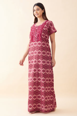 Abstract Printed & Embroidered Nighty - Maroon