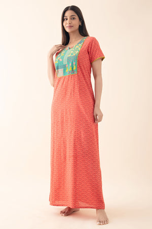 Floral Bloom Printed Cotton Nighty - Peach