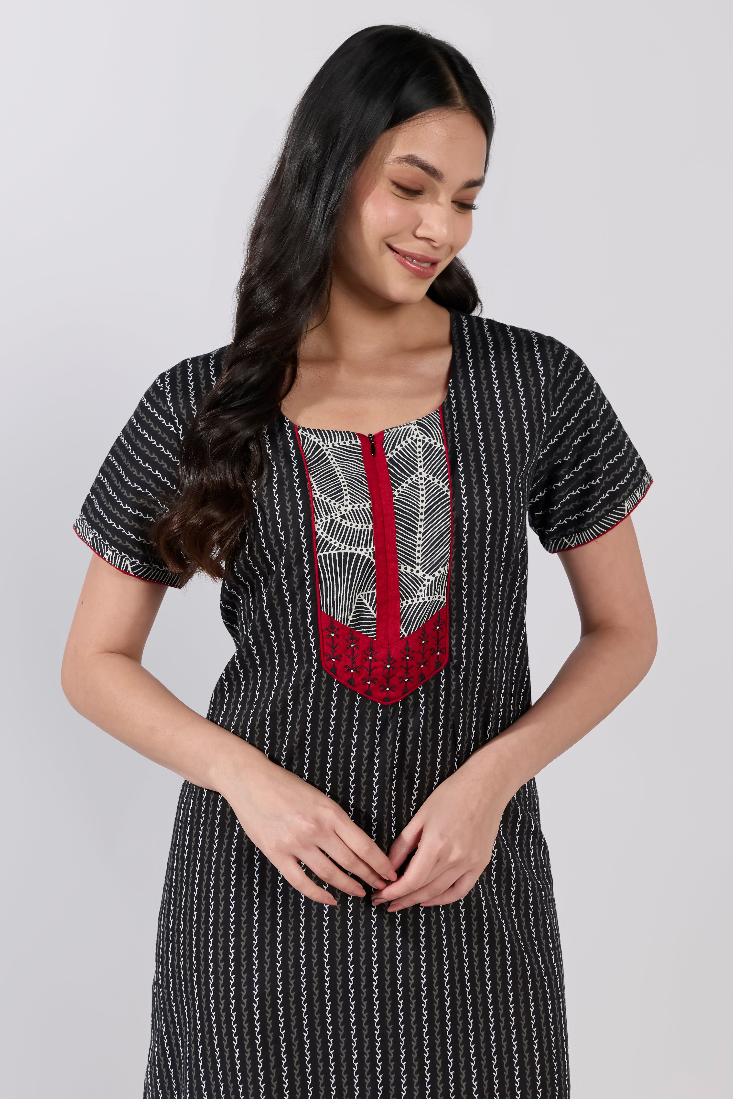 Black Striped Cotton Nighty with Printed Yoke