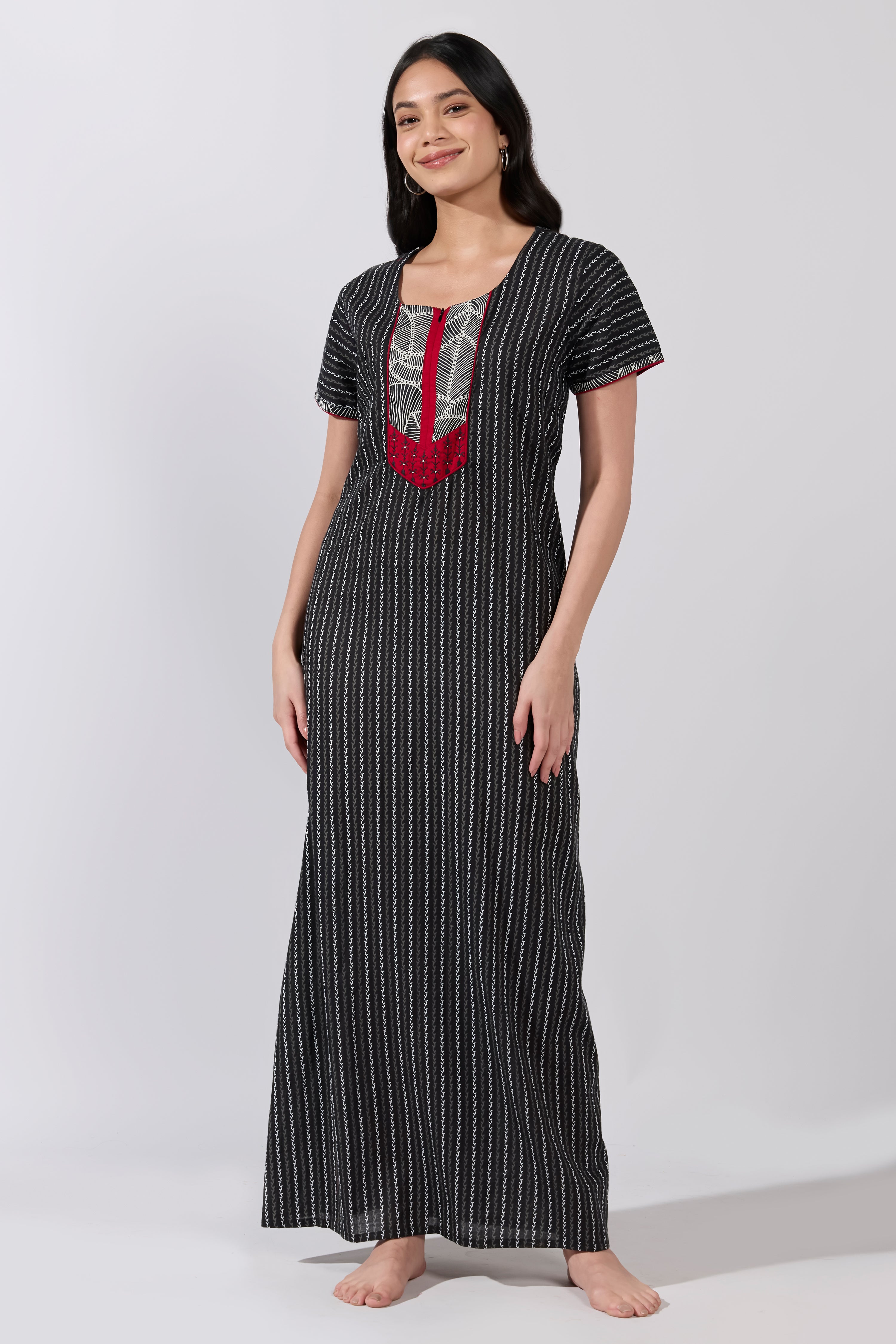 Black Striped Cotton Nighty with Printed Yoke