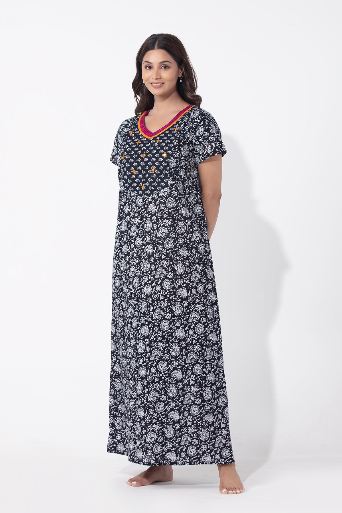 Paisley Printed Cotton Black Nighty with Embroidered Neckline