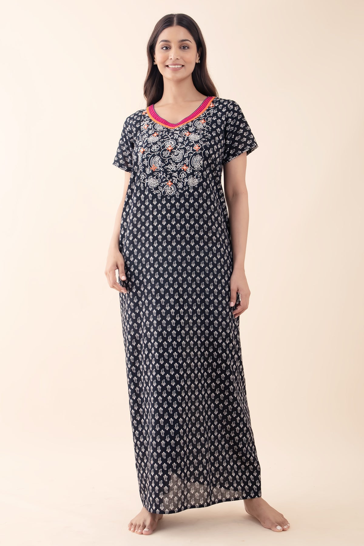 Paisley Printed Cotton Black Nighty with Embroidered Neckline