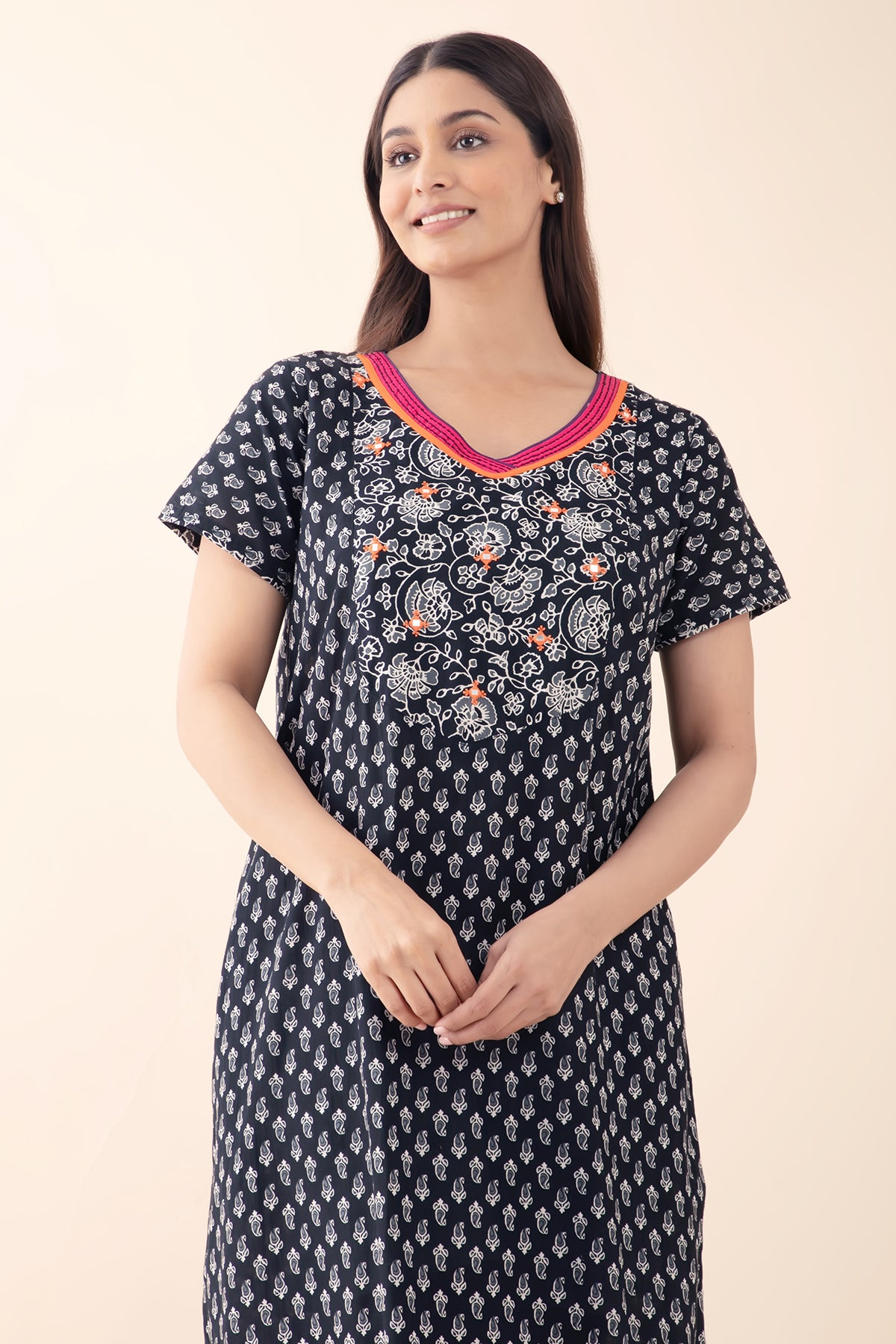 Paisley Printed Cotton Black Nighty with Embroidered Neckline