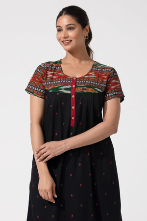 Black Ikat Printed Cotton Nightwear with Button Closure