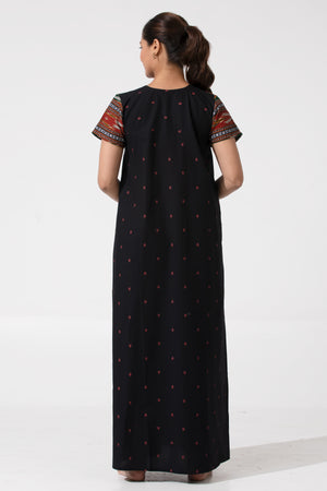 Black Ikat Printed Cotton Nightwear with Button Closure